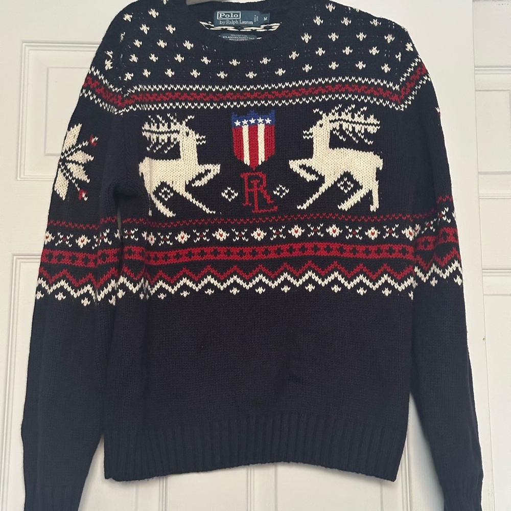 Vintage Polo by Ralph Lauren Men's Black Sweater Shield Design - Medium